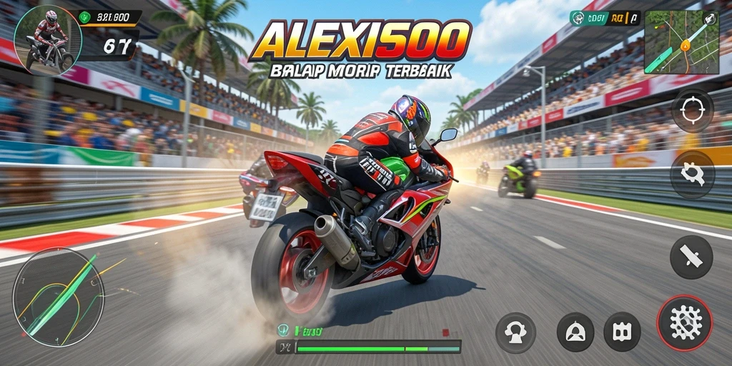 Tampilan screenshot ALEXIS500 menampilkan aksi balapan motor yang mendebarkan.
