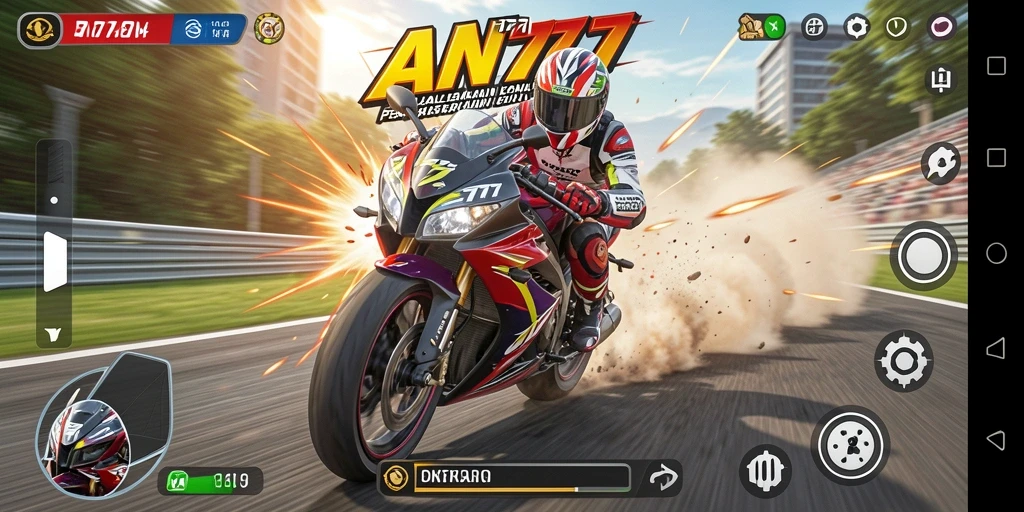Screenshot AN777 dengan tampilan aksi balapan motor yang mendebarkan.