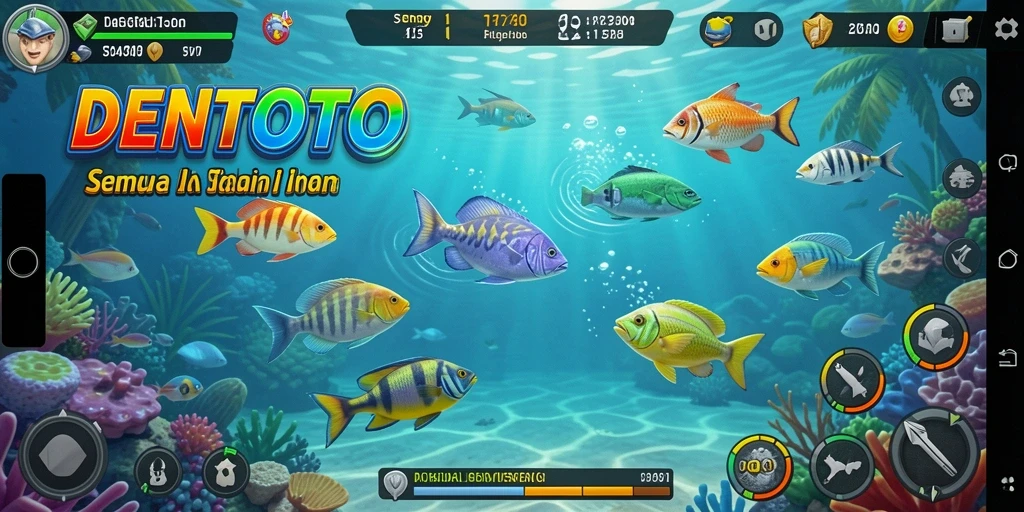 Screenshot gameplay DENTOTO yang menunjukkan aksi tembak ikan yang seru.