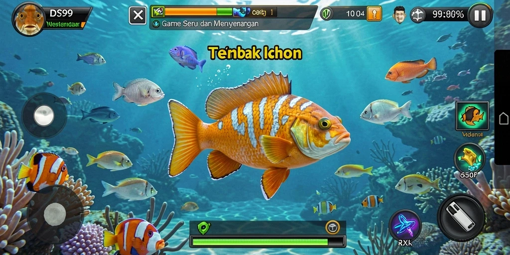 Screenshot gameplay DS99 menampilkan aksi tembak ikan yang seru.
