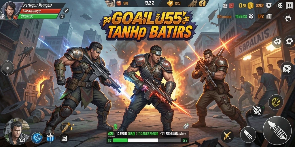 Tangkapan layar utama GOAL55 menampilkan pertarungan intens dan karakter yang epik.