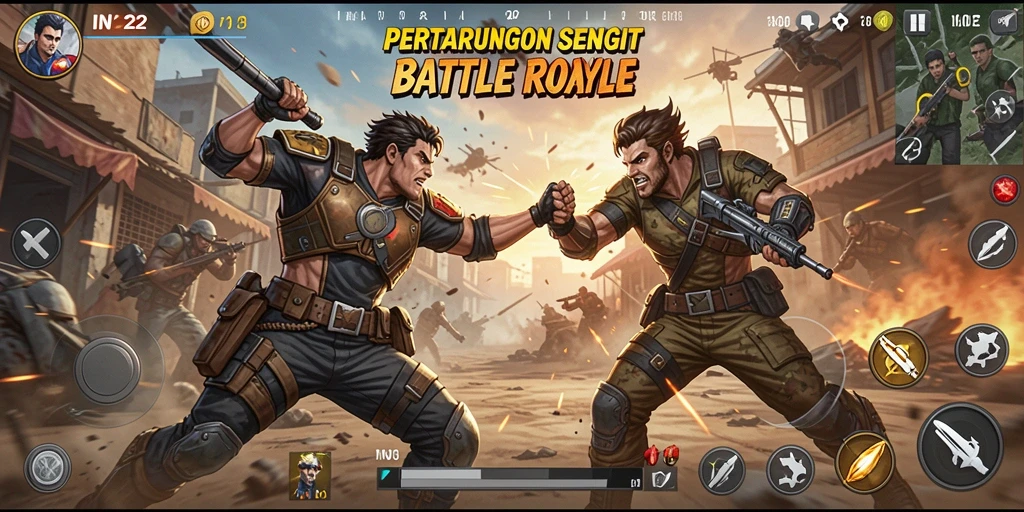 Screenshot utama IN22 menampilkan aksi Battle Royale yang mendebarkan.