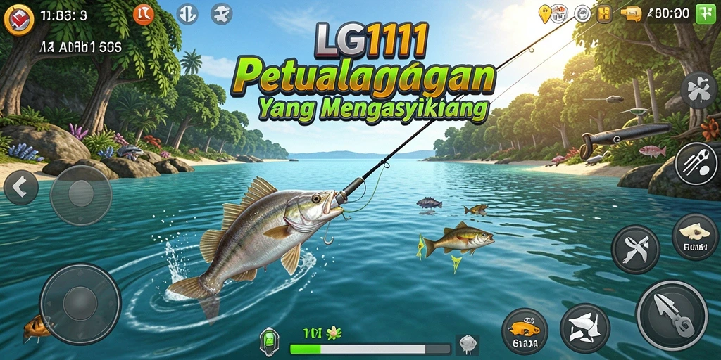 Screenshot gameplay LG111 menampilkan momen menegangkan saat memancing.