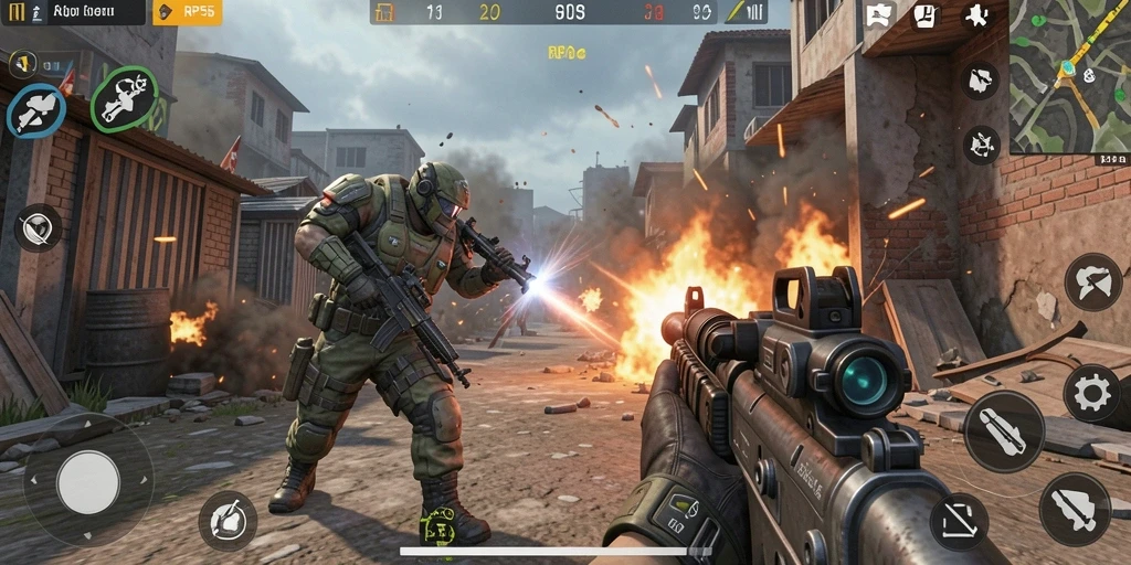 Screenshot gameplay RP55 menampilkan aksi pertempuran yang intens.