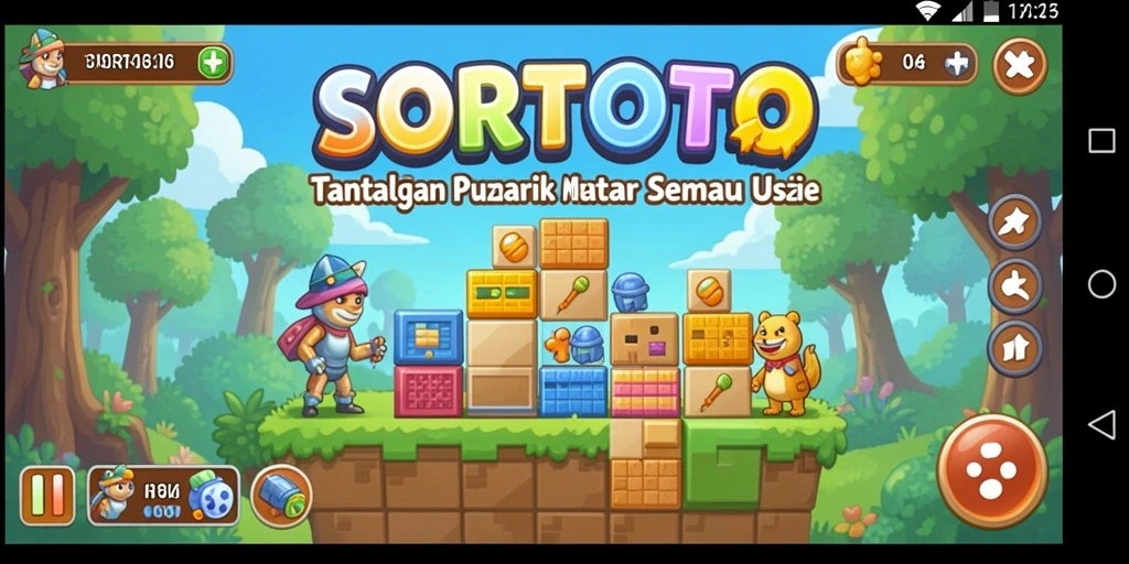 Screenshot SORTOTO menampilkan gameplay puzzle yang menantang dan menarik.