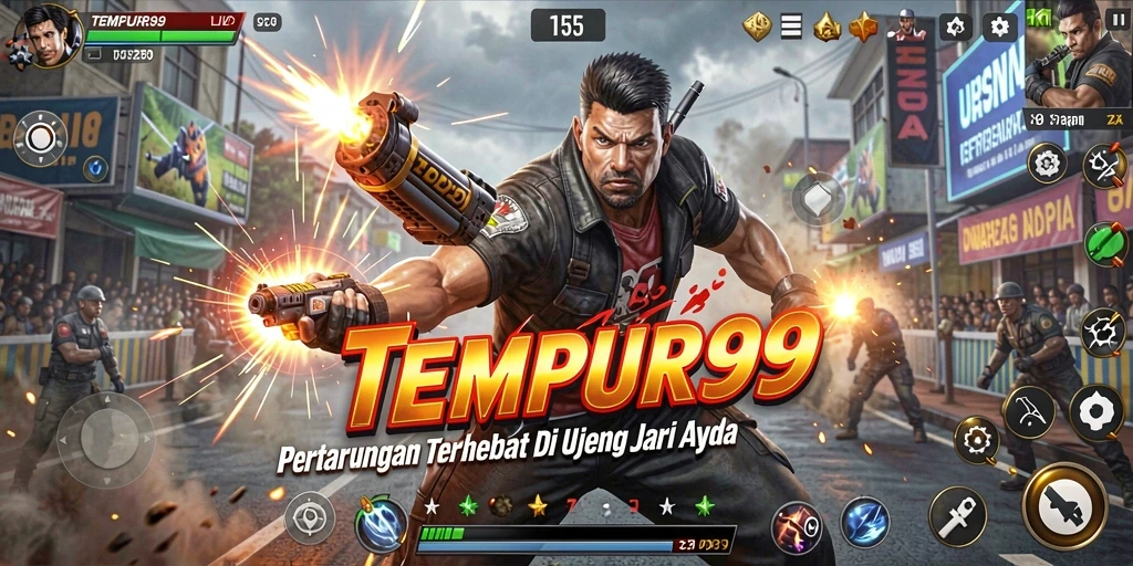 Screenshot gameplay TEMPUR99 menampilkan pertarungan aksi dan karakter unik.