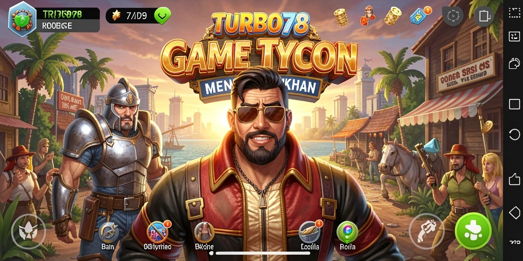 Tangkapan layar TURBO78 menampilkan aksi seru dalam simulasi bisnis.