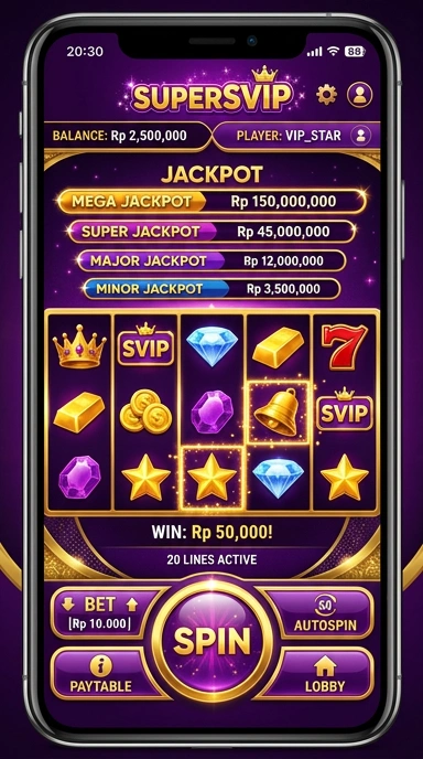 Tampilan layar utama aplikasi supersvip yang menarik.